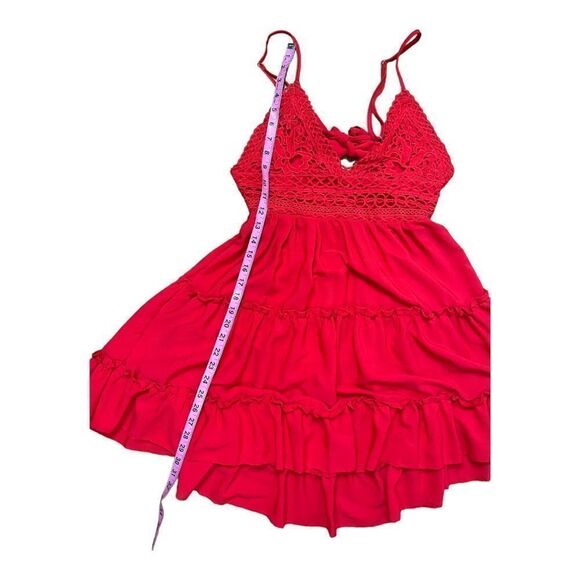 Red Tiered V-Neck Embroidered Mini Dress Open Back Size Large Cowgirl Western - Picture 6 of 9